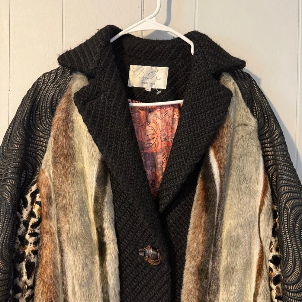 Byron Lars Beauty Mark Faux Fur Patchwork Coat – Leopard & Textured Panels Sz 6